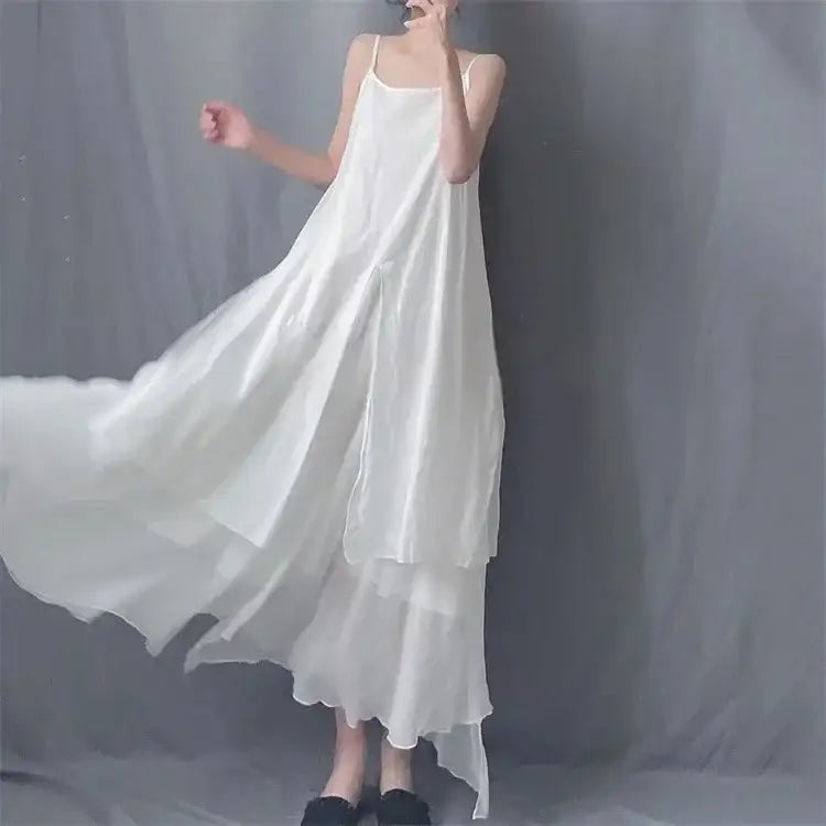 2024 Cotton Linen Women's Summer New Dress Artistic Range Medium Long Dress Sleeveless Tank Irregular Large Flounce - Lootquake