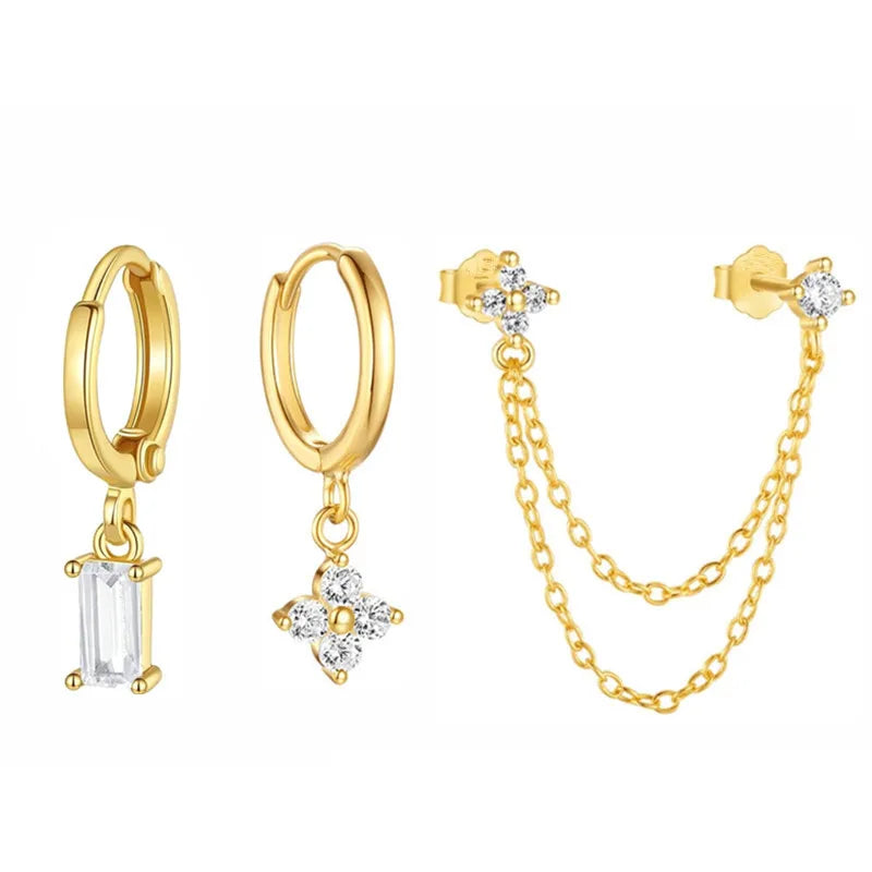 3PCS New Fashion Four Zircon Flower Hoop Earring Set For Women Stainless Steel Double Stud Chain Tassel Huggie Piercing Jewelry - Lootquake