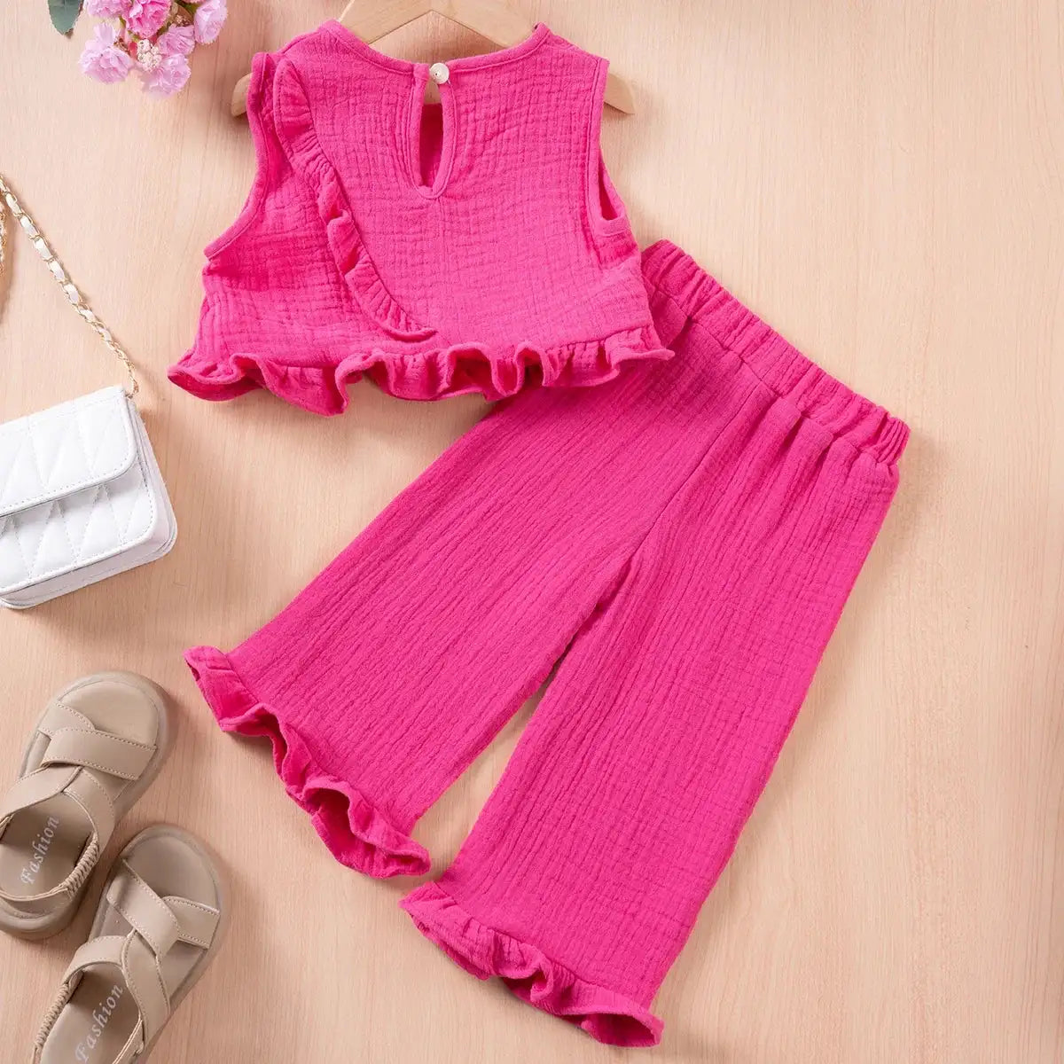 Summer Kids Cotton Casual 2pcs Toddler Girls Solid Color Sleeveless Top + Ruffle Pants Set Comfortable Fashion Hot Sale - Lootquake