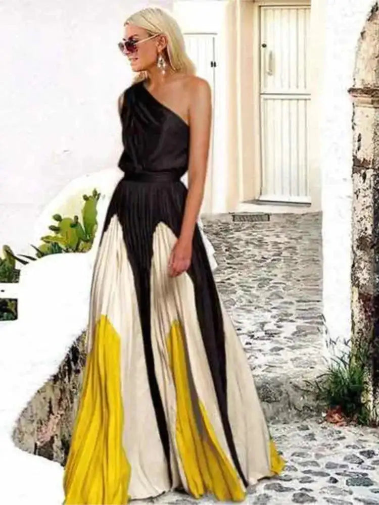 2024 Spring Summer New One Shoulder Dresses Women Splicing Print Off Shoulder Loose Long Dress Fashion Ladies Commuting Vestidos - Lootquake