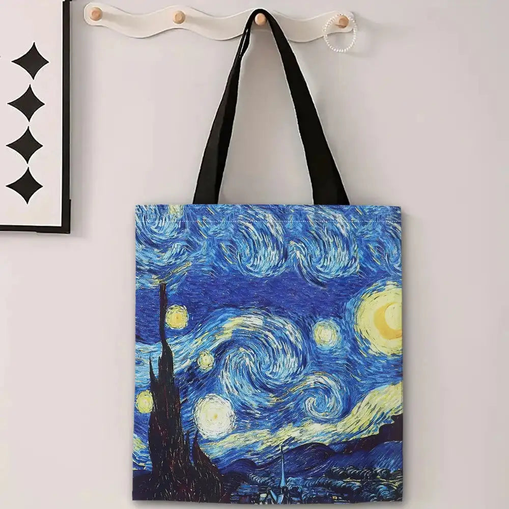 Van Gogh Series Linen Bag Oil Painting Starry Night Sunflower Apricot Flower Coffee Holder Handbag Lightweight Shoulder Bag - Lootquake