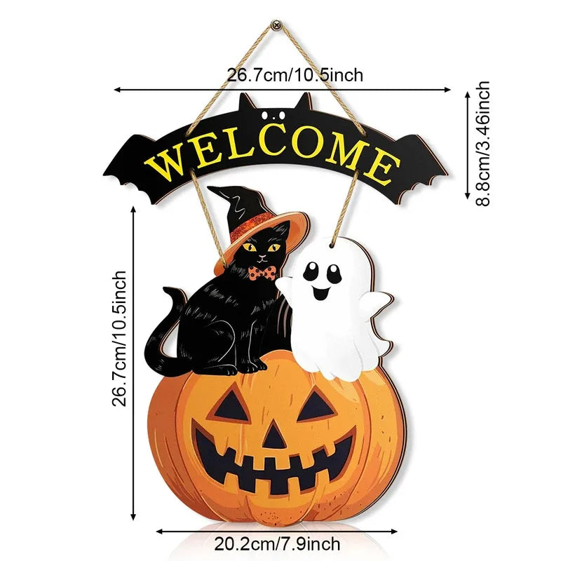 Welcome Sign w/ Cat, Ghost & Pumpkin
