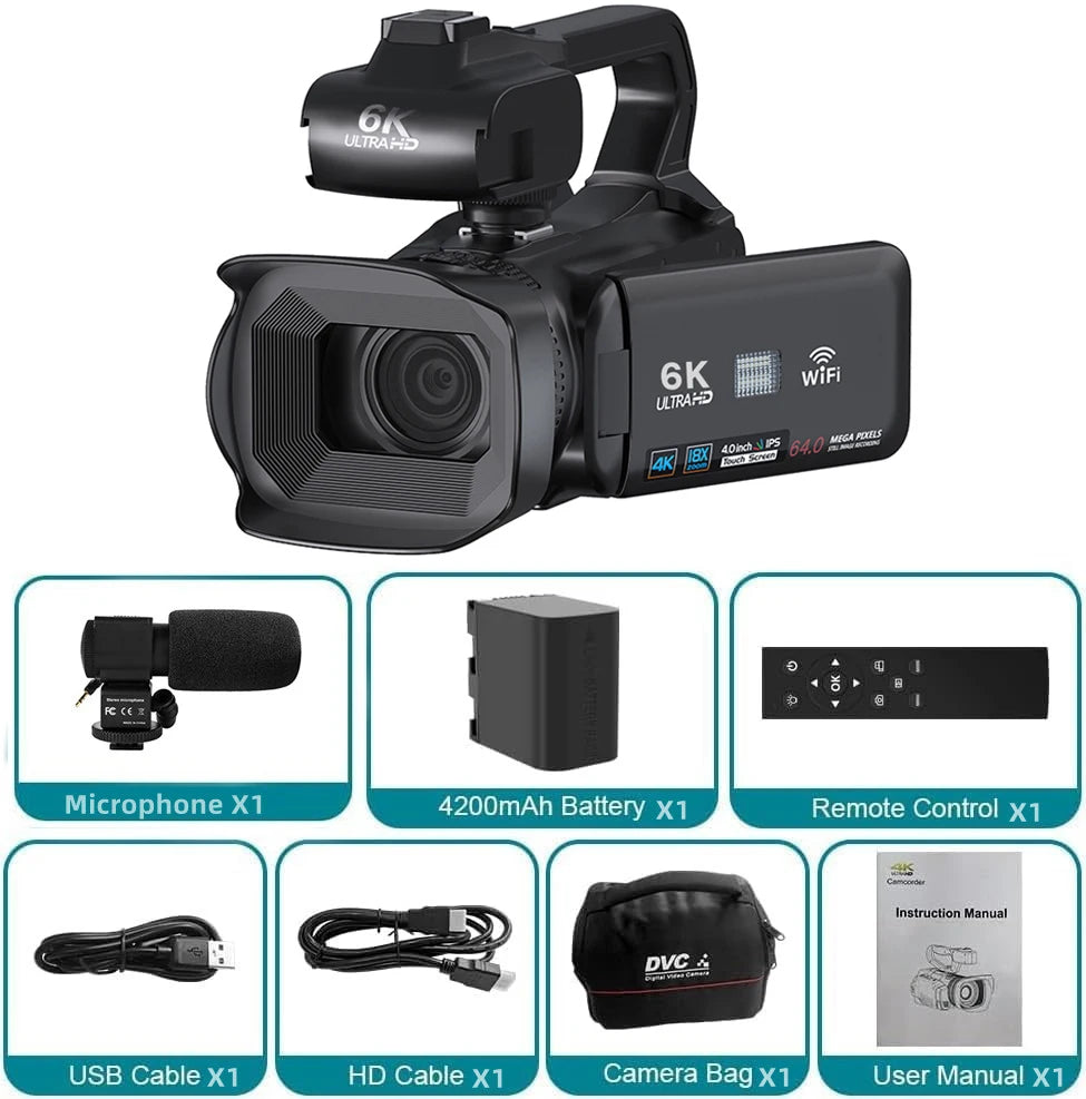 Videocámara profesional KOMERY para YouTube, 6K HD, 64 MP, pantalla táctil de 4", videocámara digital para vlogs y fotografía.