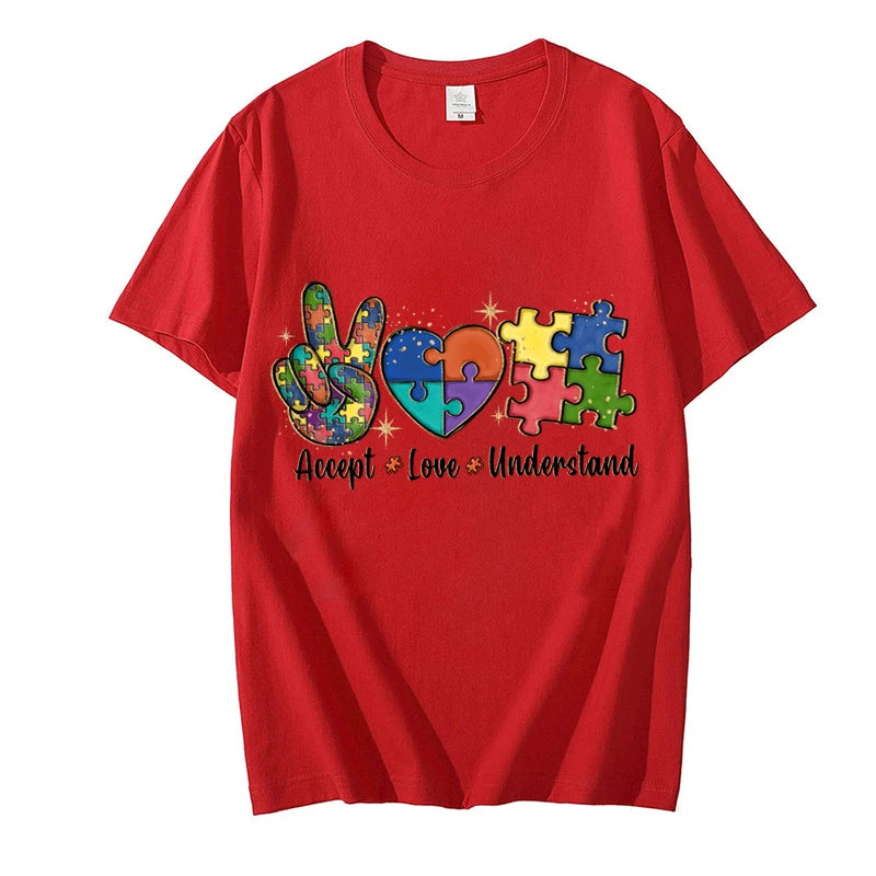 Accept Love and Understand T-shirt Autism Awareness T Shirts Color Puzzle Block Kids Women's Tees Harajuku Streetwear Y2k Tops - Lootquake