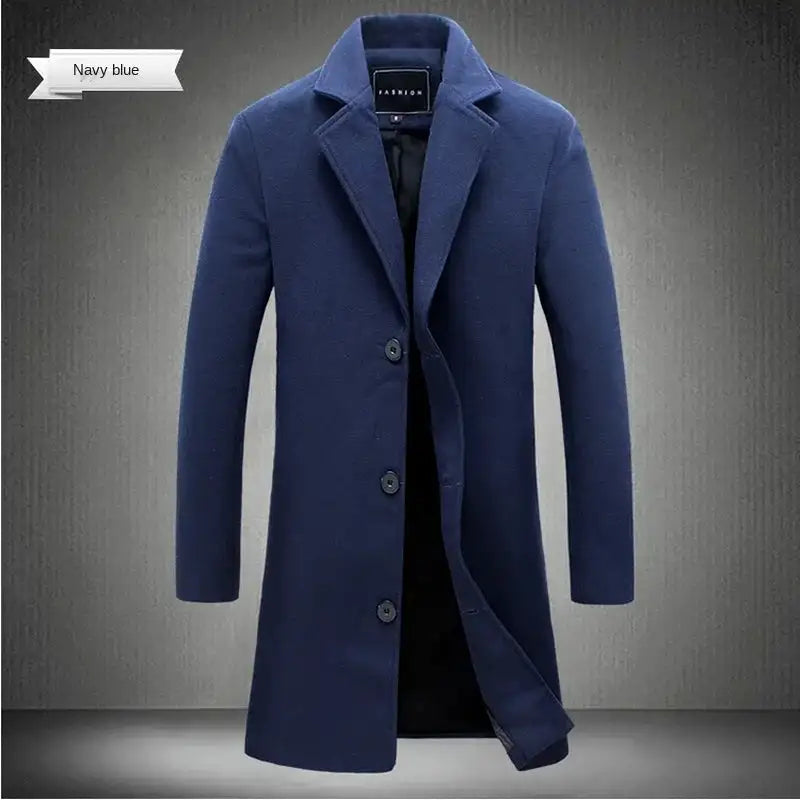 2024 Spring Autumn New Long Cotton Coat New Wool Blend Pure Color Casual Business Fashion Men's Clothing Slim Windbreaker Jacket - Lootquake