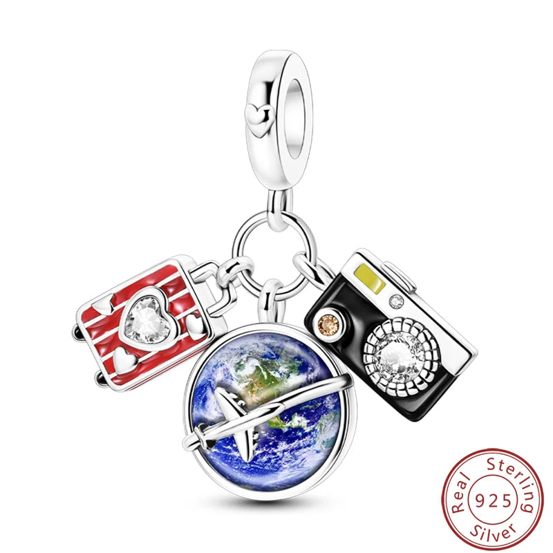 Ensemble de trois breloques en argent sterling S925, perles de 3 mm, motif princesse, golf, hamster, appareil photo, voyage, fabrication de bijoux fins