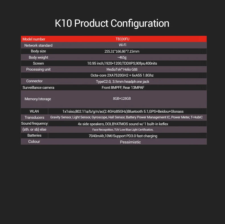 Lenovo Tab K10 M11 TB330FU 6/8+128GB Tabletas Zhaoyang K10 MediaTek Helio G88 ROM global Soporte OTA Pantalla de 10,95 pulgadas GPS WIFI