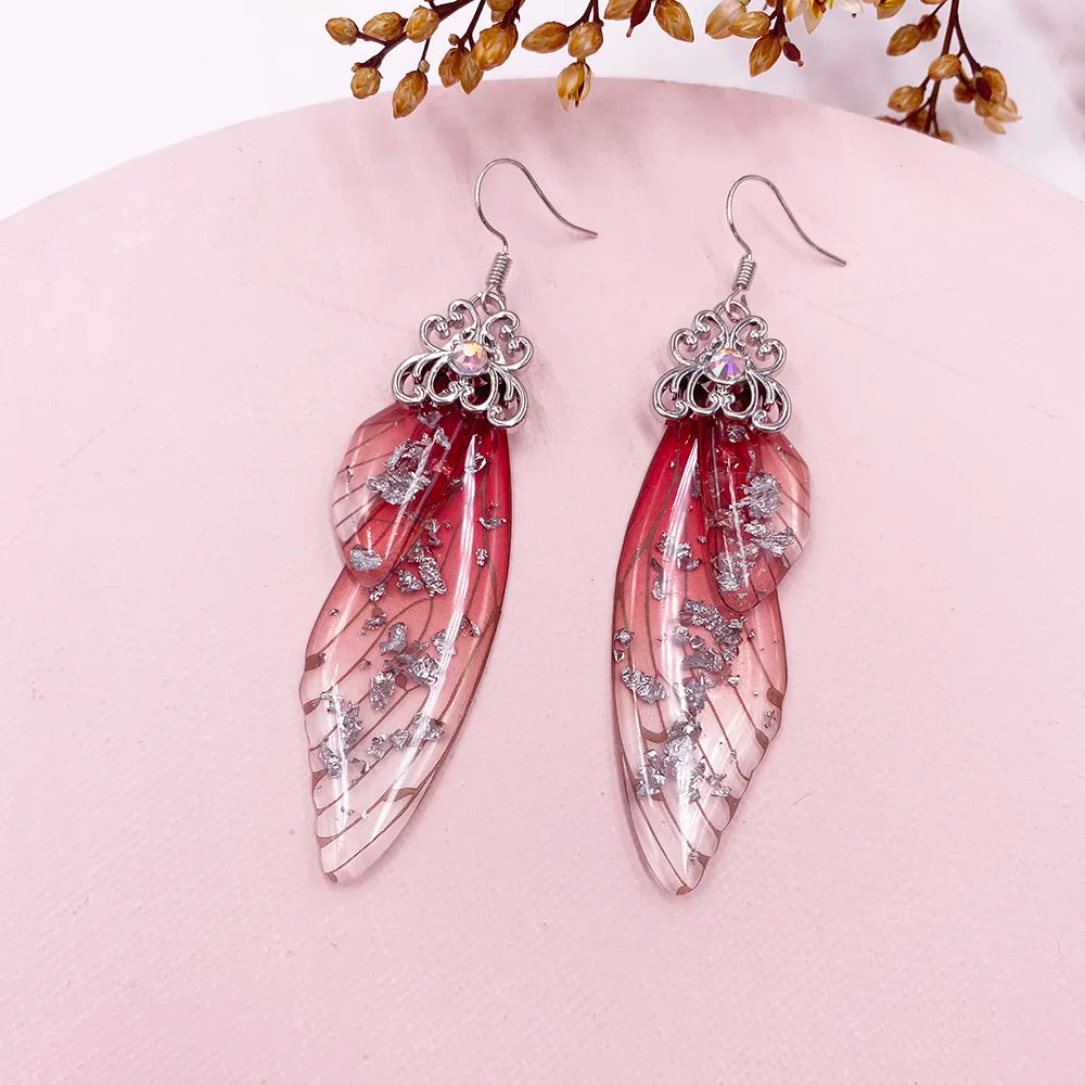 Boucles d'oreilles en forme d'ailes de fée faites à la main, en forme d'ailes de papillon, d'insectes, en forme de goutte, en feuille de strass, bijoux de mariée romantiques