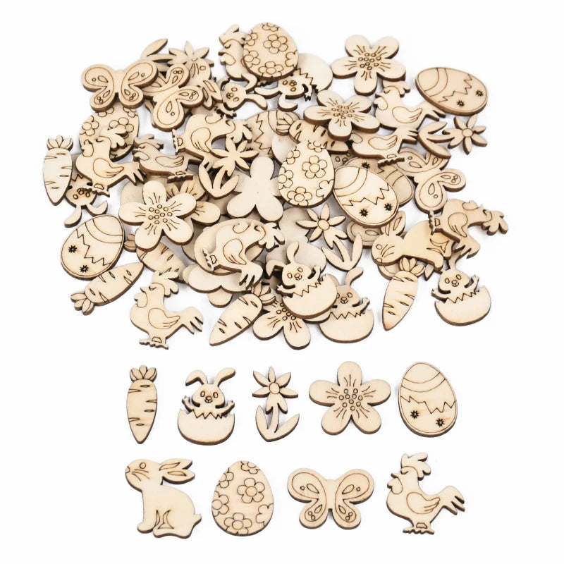50pcs Easter Wooden Confetti Rabbit Carrot Eggs Kids Painting DIY Crafts Wood Slice 2025 Spring Easter Party Decoration For Home - Lootquake