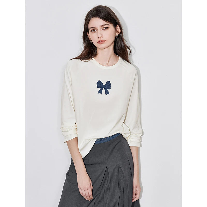 TOYOUTH Women T-shirt 2024 Autumn New Denim Bow Contrasting Color Raglan Sleeve Pullover Casual Tops - Lootquake