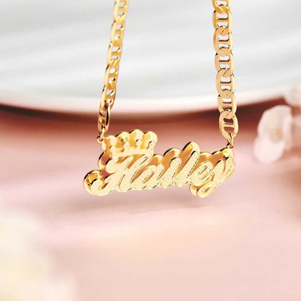 DHQH Customized 3D Name Necklace with Crown Personalized Double Layer Pendant Flat Chain Women's Stainless Steel Jewelry Gift - Lootquake
