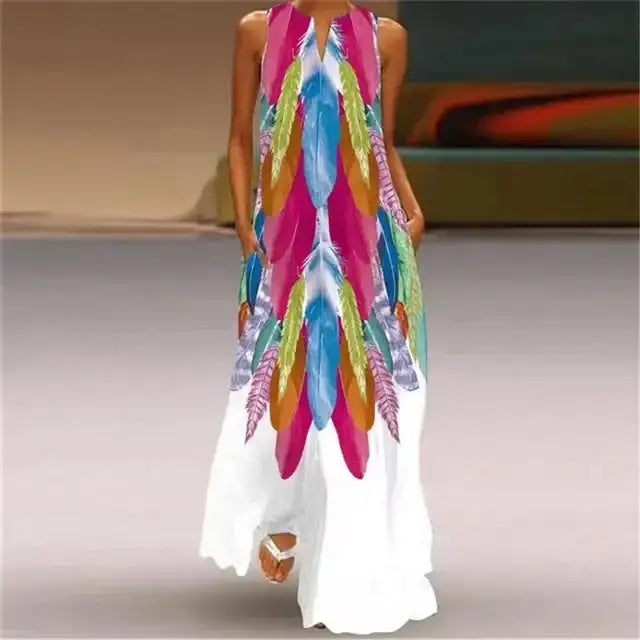 Rainbow Gradient Print Elegant Women's Dress 2024 Summer Sexy Sleeveless V-neck Evening Long Dress Women Casual Party Maxi Dress - Lootquake