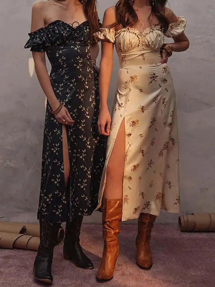 Slash neck Floral Print Split Beach Dress Women Summer Elegant Ruffles Party Long Dress Vestidos S~3XL - Lootquake