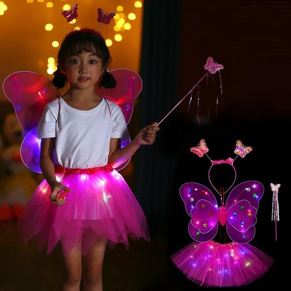 LED Children Costume Props Girls Skirts Angel Luminous Wings Flashing Butterfly Skirt Lights Suit 2-8year Easter Valentines Day - Lootquake