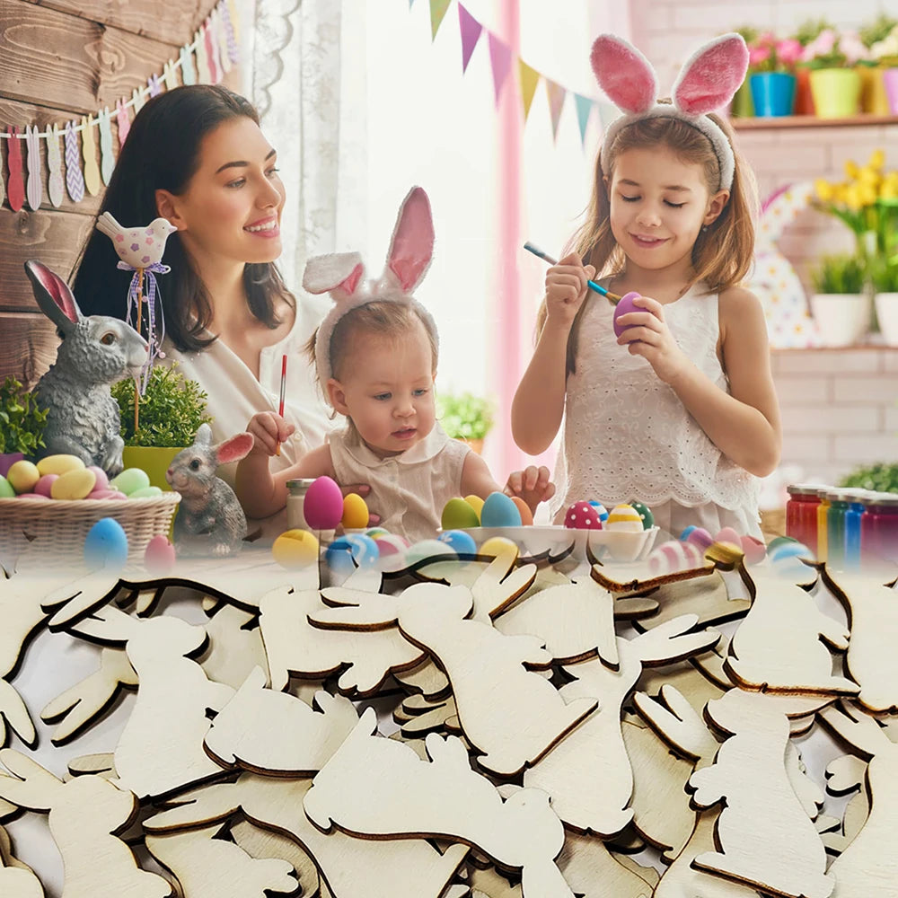 50/100Pcs Easter Bunny Shaped Wooden Chips Happy Easter Unfinished Diy Painting Crafts Rabbit Ornaments Easter Kids Favor - Lootquake