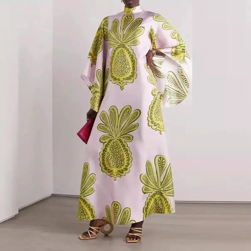 Ethnic Retro Spring Print Boho Long Dress Women Sexy Stand Collar Lace-up Party Dress Fall Long Sleeve Loose Ladies Maxi Dresses - Lootquake