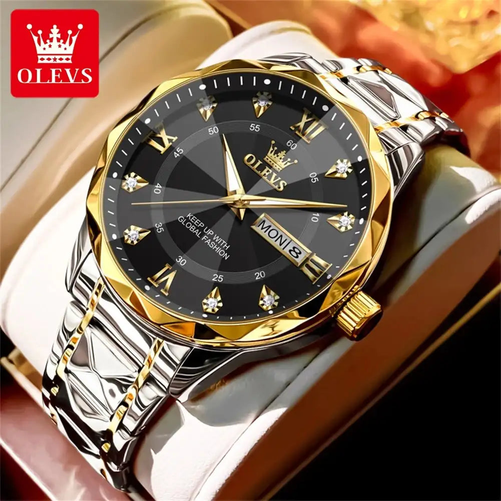 OLEVS Original Fashionable Men's Quartz Watch Top Luxury Brand Waterproof Stainless Steel Diamond Date Week Men's Business Watch - Lootquake