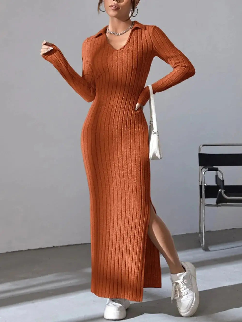 2024 Spring/Summer Knitted Dress Slim Fit Fashion Casual Women's Lapel Long sleeved Dress Concave Stripe Solid Color Long Dress - Lootquake
