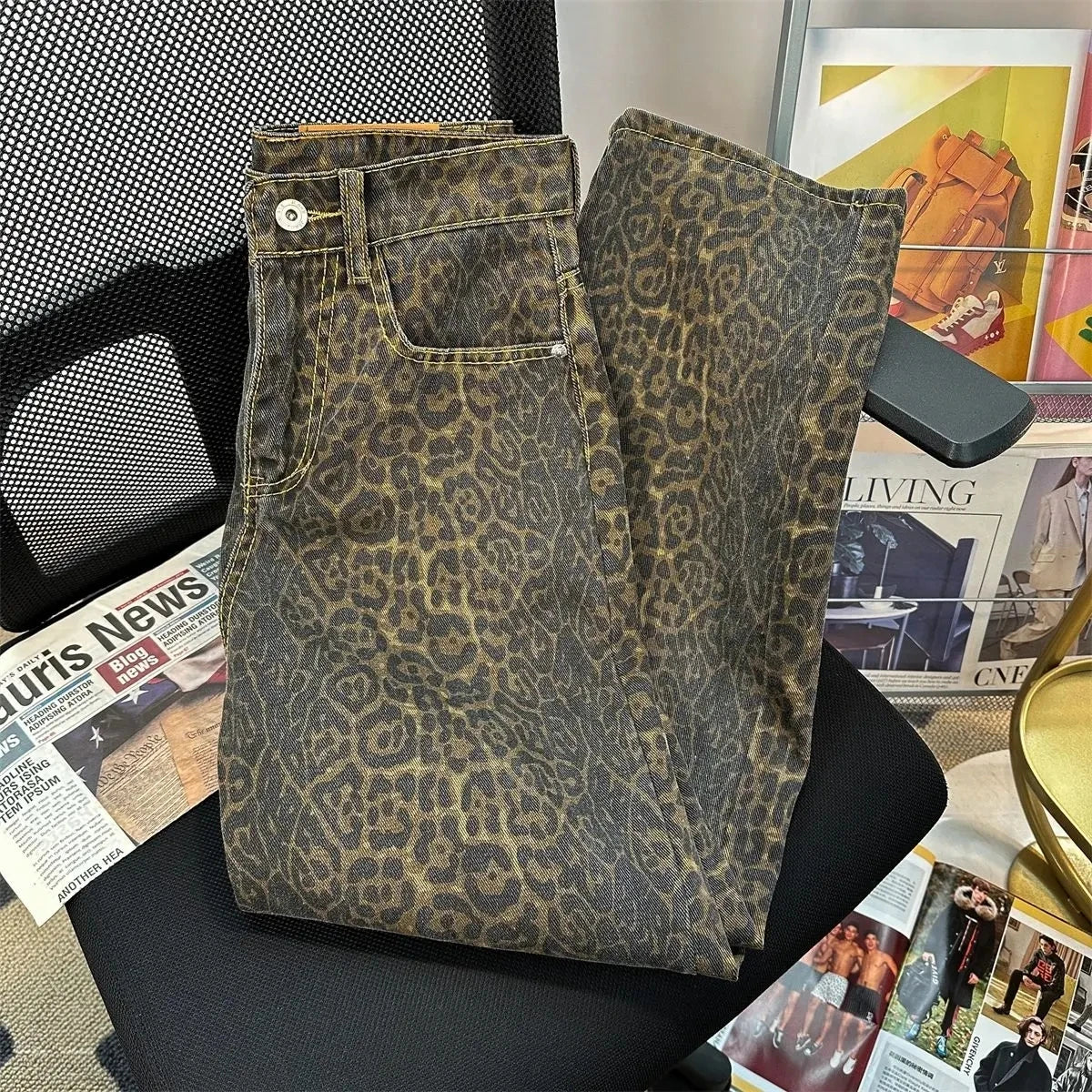 American Washed Leopard Print Wide Leg Jeans for Women Retro Street Distressed New Harajuku Style Hottie Baggy Y2K Casual Pants - Lootquake