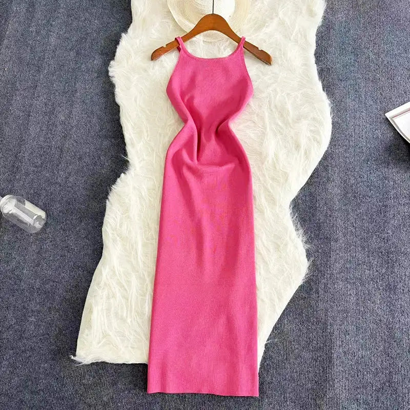 2024 Sexy Summer Knit Strap Dress Women Halter Elatic Waist Bodycon Sundress Female Beach Solid Maxi Long Dress - Lootquake