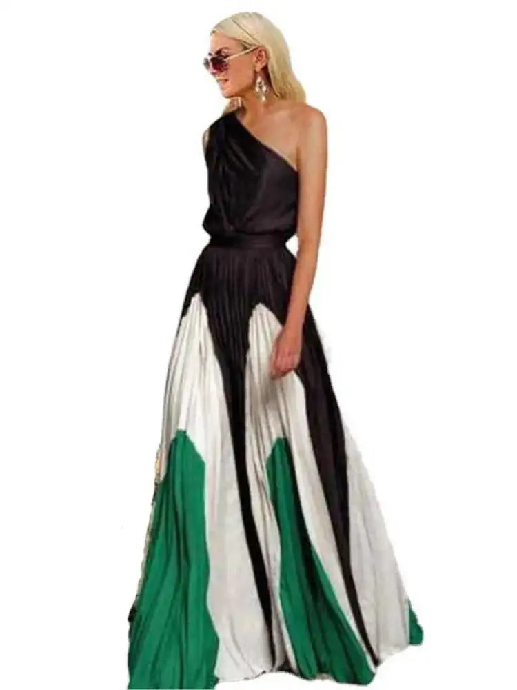 2024 Spring Summer New One Shoulder Dresses Women Splicing Print Off Shoulder Loose Long Dress Fashion Ladies Commuting Vestidos - Lootquake