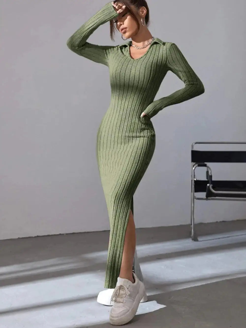 2024 Spring/Summer Knitted Dress Slim Fit Fashion Casual Women's Lapel Long sleeved Dress Concave Stripe Solid Color Long Dress - Lootquake