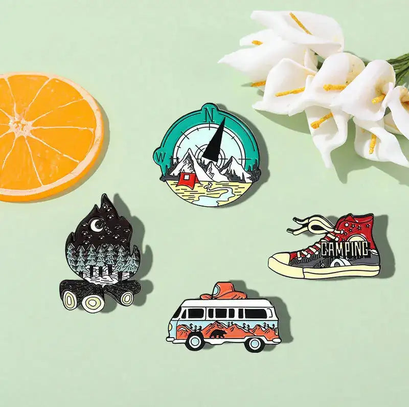 Camping Life Enamel Pin Outdoor Compass Canvas Shoe Bonfire Tent Motorhome Brooches Bag Lapel Pin Badge Jewelry Gift for Friends - Lootquake
