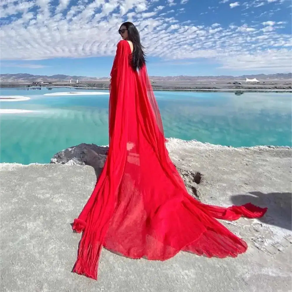 2025 Spring/Summer Silk Dress with Charm Seaside Vacation Beach Dress Red Extra Long Tailed Long Dress White Elegant And Gracefu - Lootquake