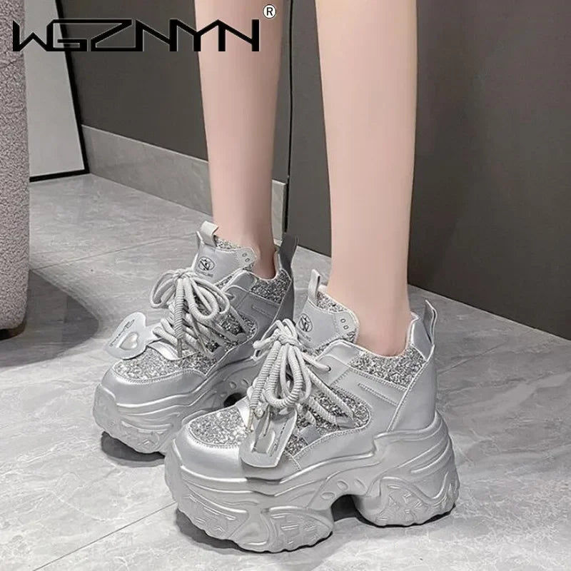 10.5CM Women Casual Platform Sneakers High Heels New Autumn Sports Leather Shoes Bling Trainers Chunky Sneaker Zapatos Mujer - Lootquake