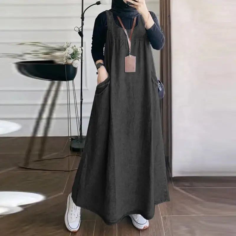 Summer Muslim Long Dress Abaya ZANZEA Women Vintage Sleeveless Denim Blue Maxi Vestidos Dubai Robe Casual Loose Ramadan Sundress - Lootquake