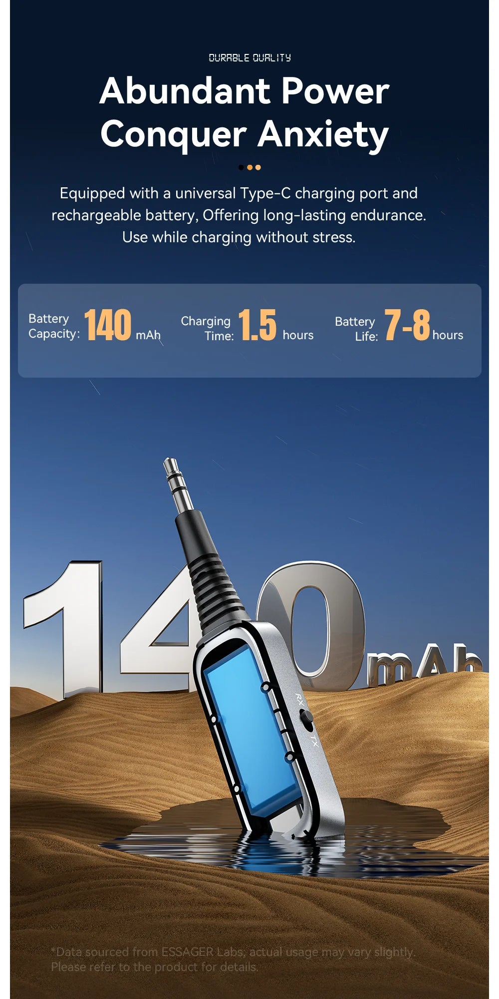 Receptor y transmisor de audio Essager Bluetooth 5.1 de 3,5 mm con entrada auxiliar de 3,5 mm y micrófono, adaptador inalámbrico para música estéreo, PC, TV y altavoces de coche.