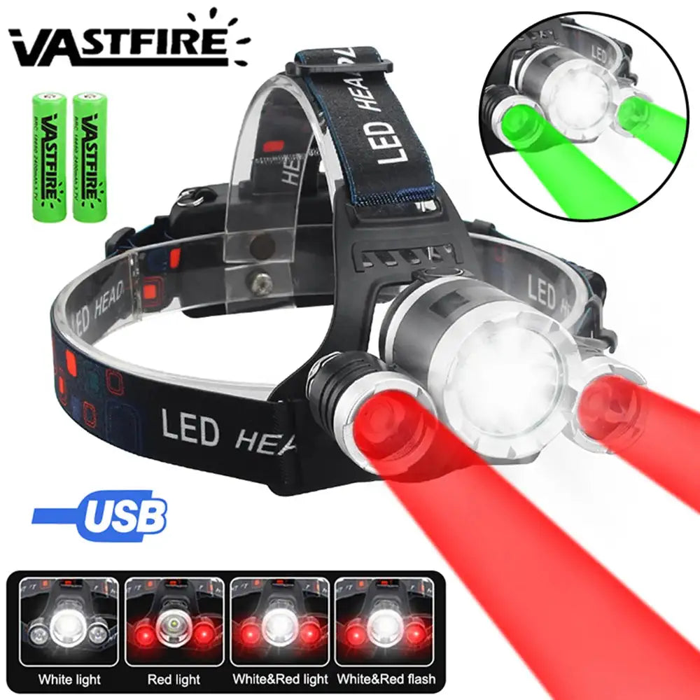 Headlamp Green/Red/UV395nm+White Dual Light Rechargeable Fixed Focus Waterproof 4Modes Headlight Hunting Camping Hiking Working - Lootquake