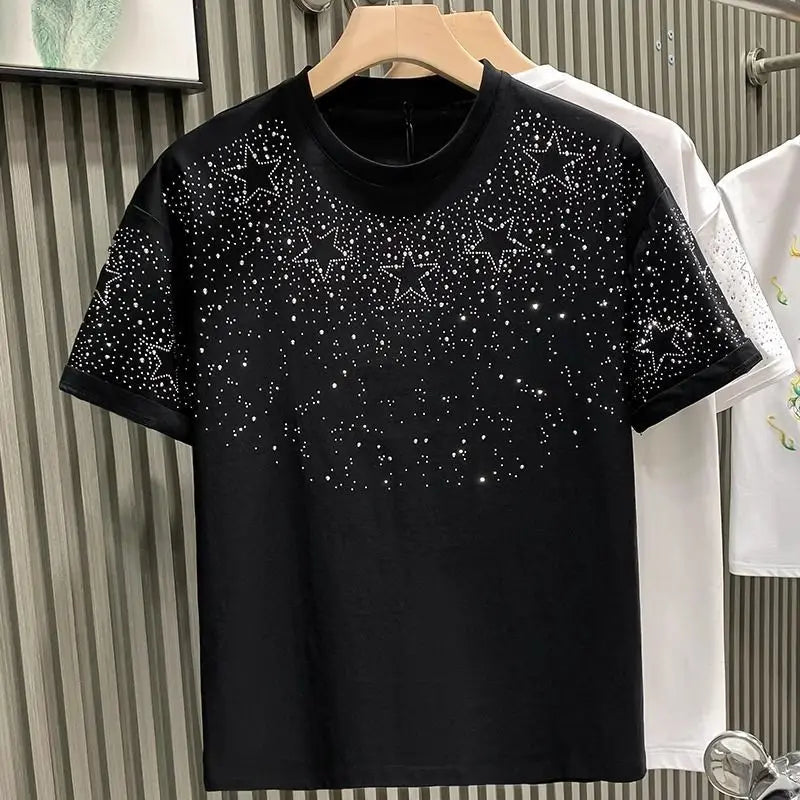 Summer Rhinestone Rivet T-shirt for Men Clothing Round Neck Casual T-shirt Fashion High Street 2024 Men's Summer Short Sleeves - Lootquake