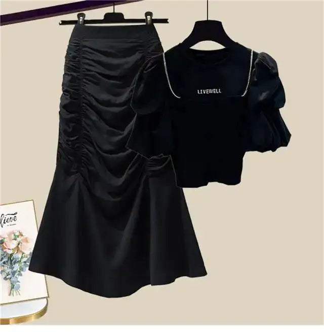 Spring/Summer Set Women's New Korean Edition Sweet and Spicy Bubble Sleeve Spliced Top Age Reducing Half Skirt Two Piece Set - Lootquake