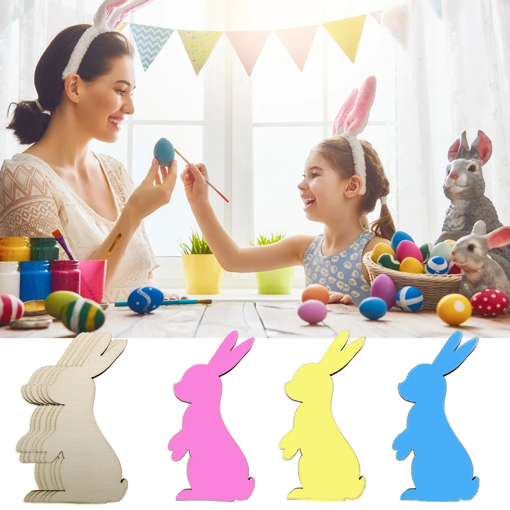 50/100Pcs Easter Bunny Shaped Wooden Chips Happy Easter Unfinished Diy Painting Crafts Rabbit Ornaments Easter Kids Favor - Lootquake