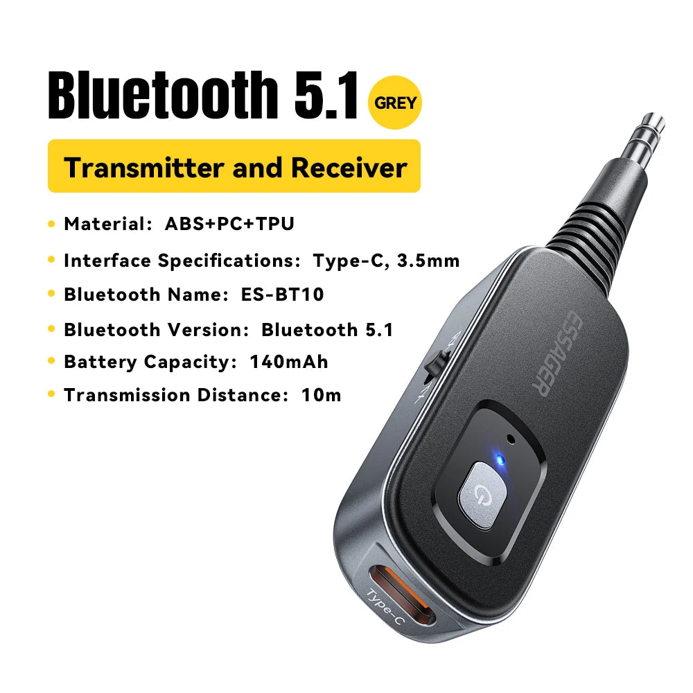 Receptor y transmisor de audio Essager Bluetooth 5.1 de 3,5 mm con entrada auxiliar de 3,5 mm y micrófono, adaptador inalámbrico para música estéreo, PC, TV y altavoces de coche.
