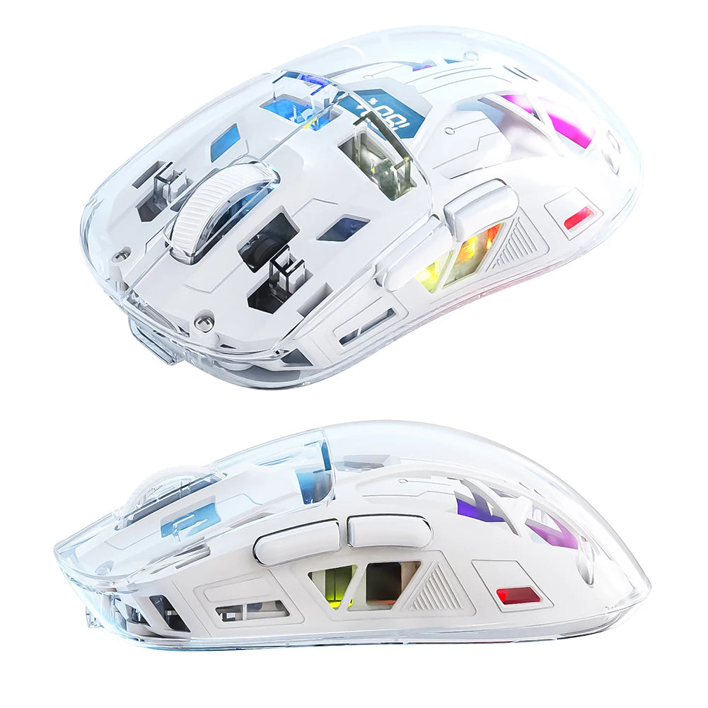Souris de jeu sans fil transparente 2,4 GHz + BT5.0, affichage numérique, connexion multi-appareils, 5 niveaux de DPI pour ordinateur portable/téléphone/PC