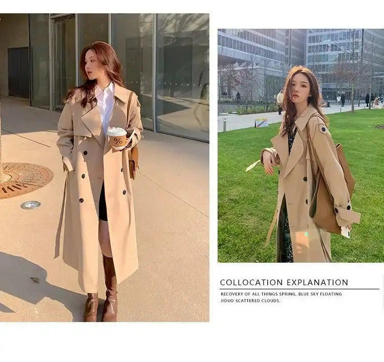 Streetwear Loose Trench Coat Midi Length Fashion Korean Elegant Khaki Black Women's Windbreaker Coat Casual Double Breasted Tops - Lootquake