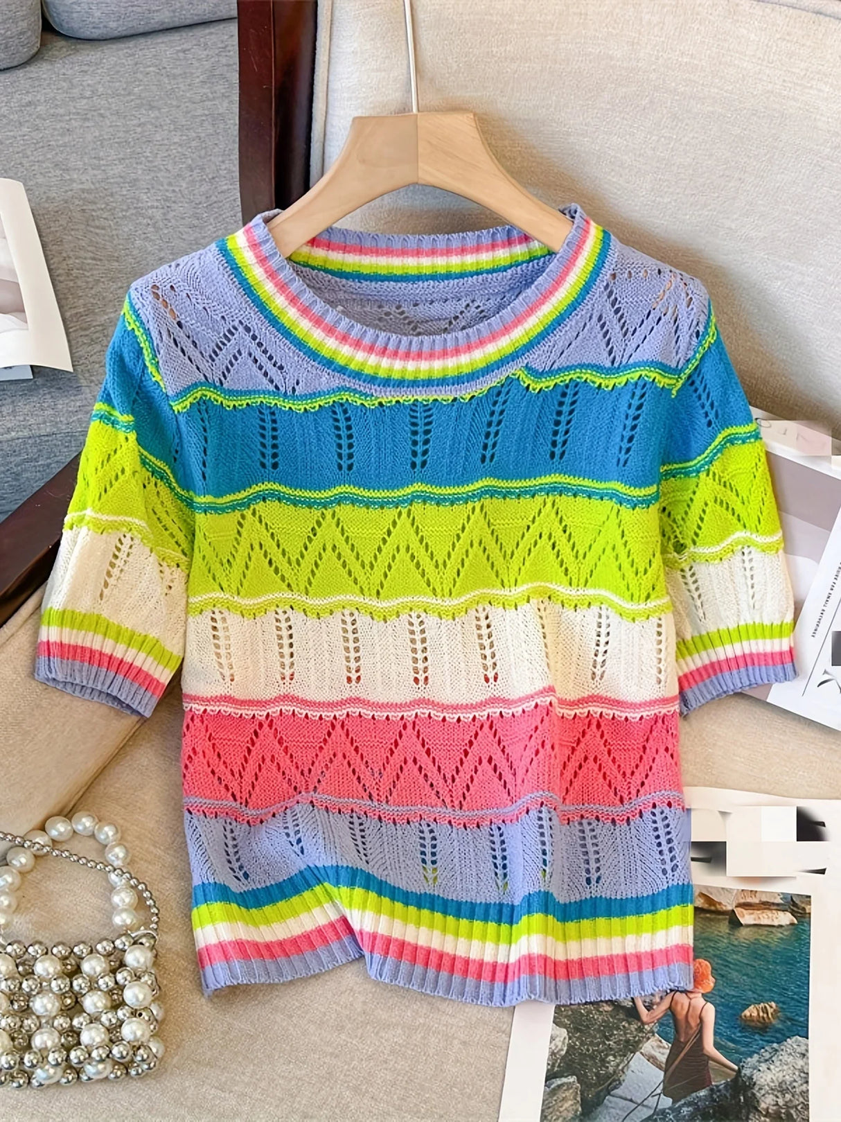 2024 New Summer Hollow Out Eyelet Rainbow Striped T-shirt Casual Crew Neck Short Sleeve T-shirt Women's Clothing Crop Top - Lootquake