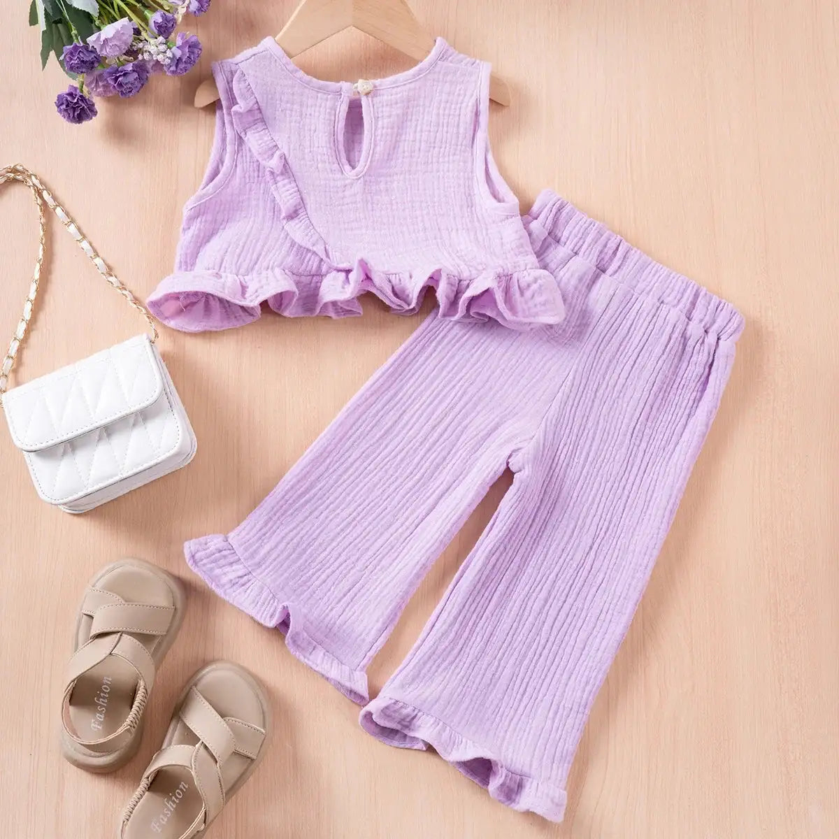 Summer Kids Cotton Casual 2pcs Toddler Girls Solid Color Sleeveless Top + Ruffle Pants Set Comfortable Fashion Hot Sale - Lootquake