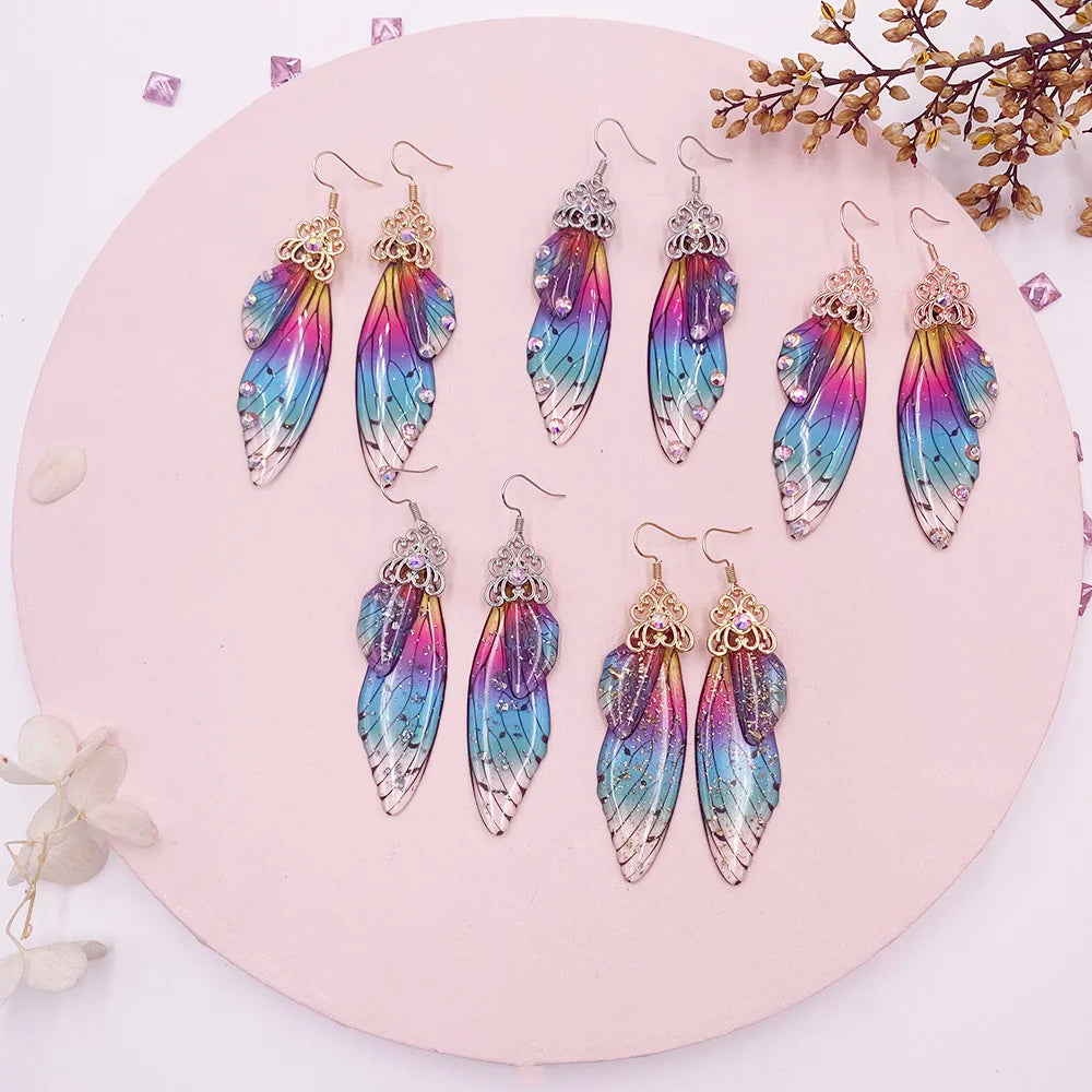 New Handmade Fairy Simulation Wing Earrings Insect Butterfly Wing Drop Earrings Foil Rhinestone Earrings Romantic Bridal Jewelry - Lootquake