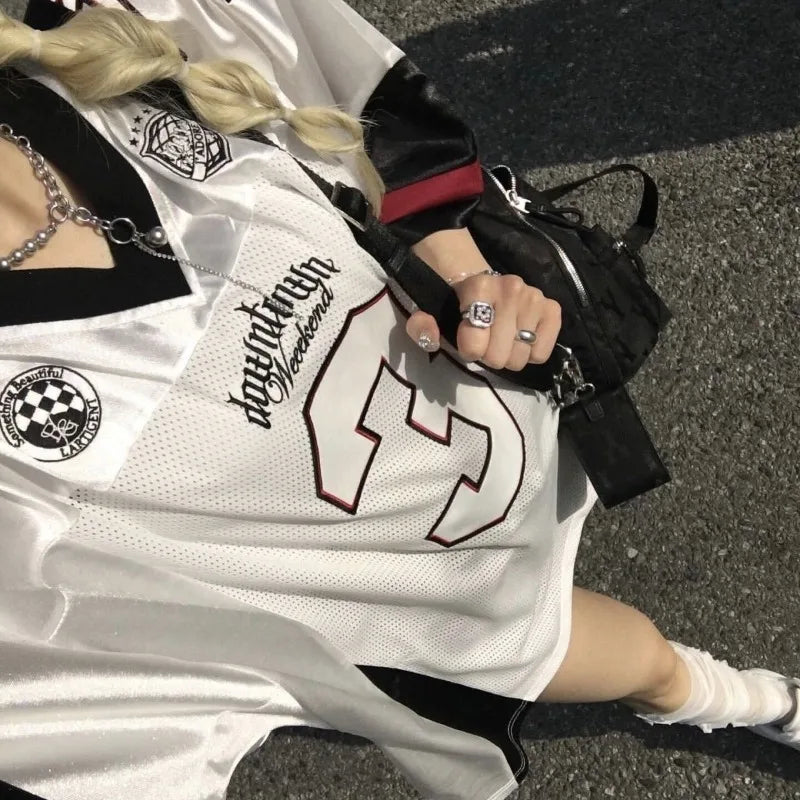 Silver 2024 New Summer Retro Number 3 Jersey for Women Street Contrasting Patchwork Mesh V-neck Oversize Short Sleeved T-shirt - Lootquake