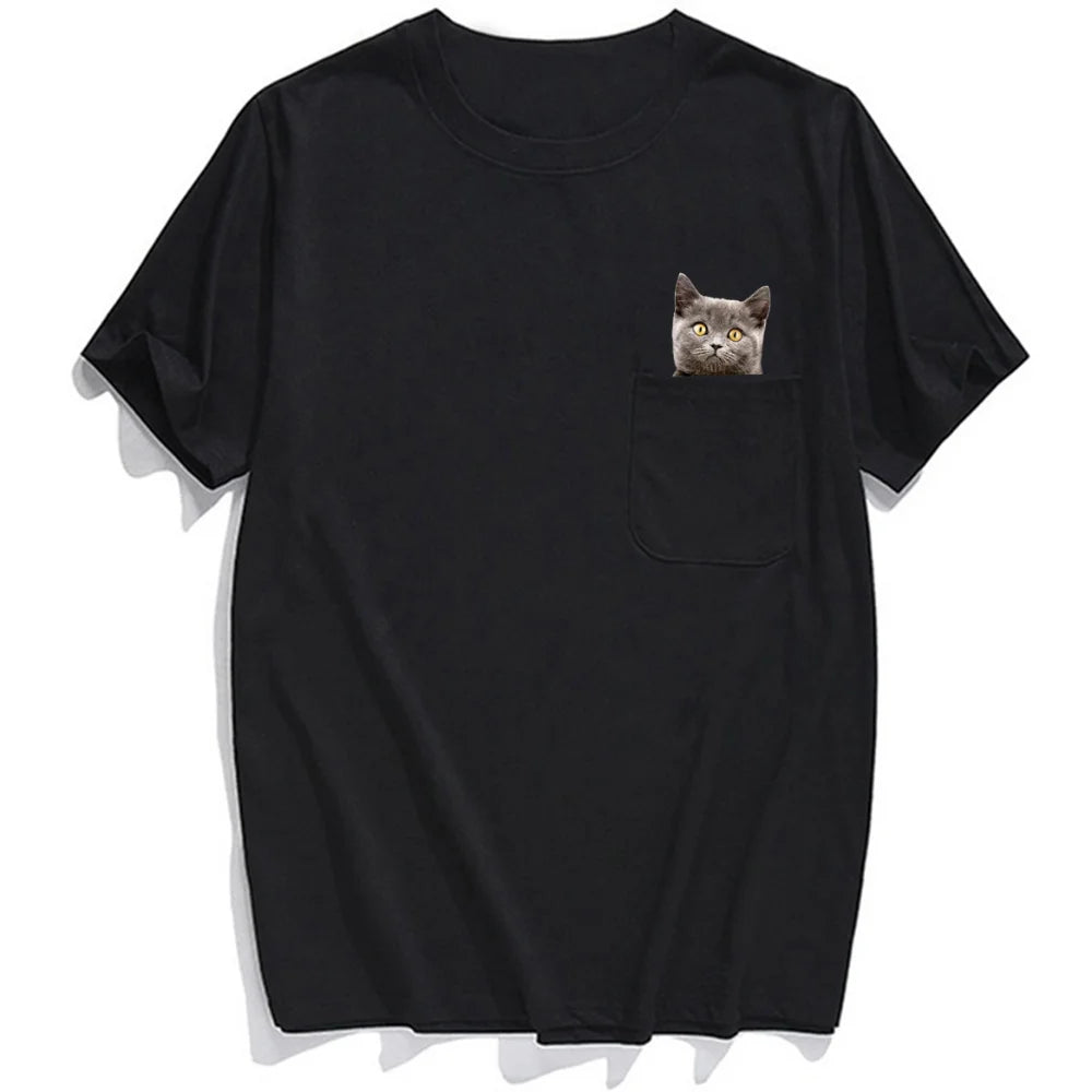 CLOOCL Animal T-Shirt Fashion Brand Summer Pocket Cat Stickers Printed T-shirt Men's Women Shirts Hip Hop Tops Funny Cotton Tees - Lootquake