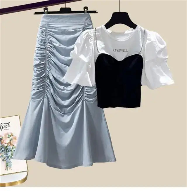 Spring/Summer Set Women's New Korean Edition Sweet and Spicy Bubble Sleeve Spliced Top Age Reducing Half Skirt Two Piece Set - Lootquake