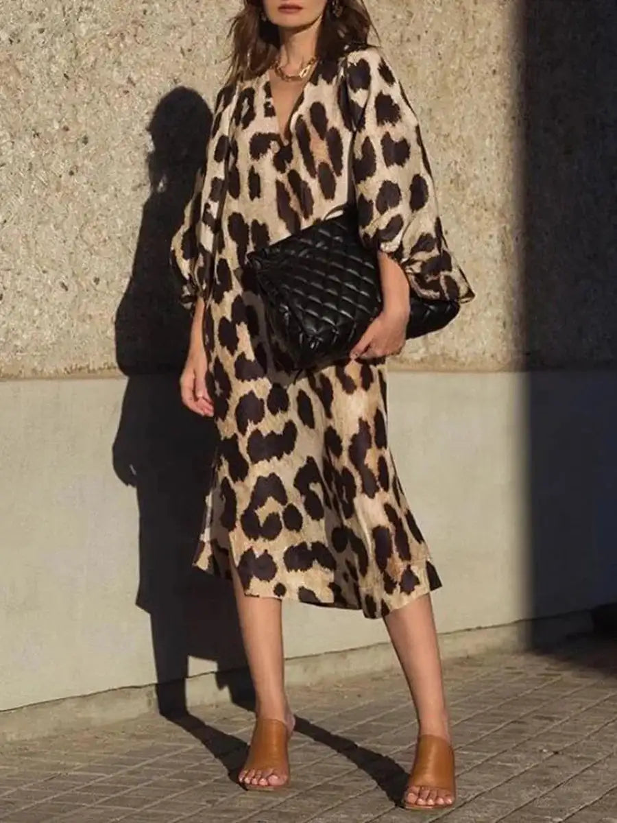 Autumn Women's Long Leopard Print Dress New Long V-neck Loose Lantern Sleeve Leopard Print Dress Long Dress - Lootquake