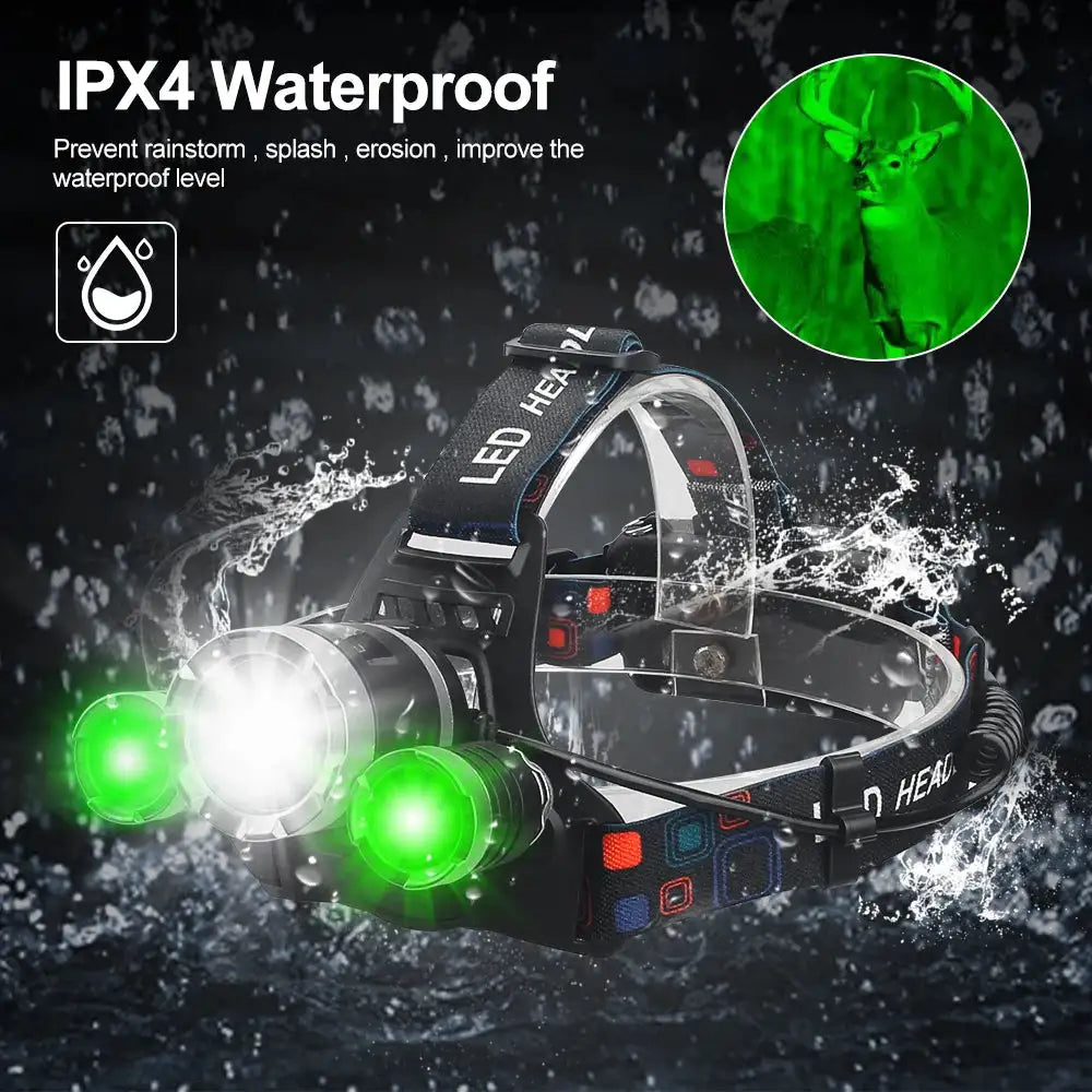 Headlamp Green/Red/UV395nm+White Dual Light Rechargeable Fixed Focus Waterproof 4Modes Headlight Hunting Camping Hiking Working - Lootquake