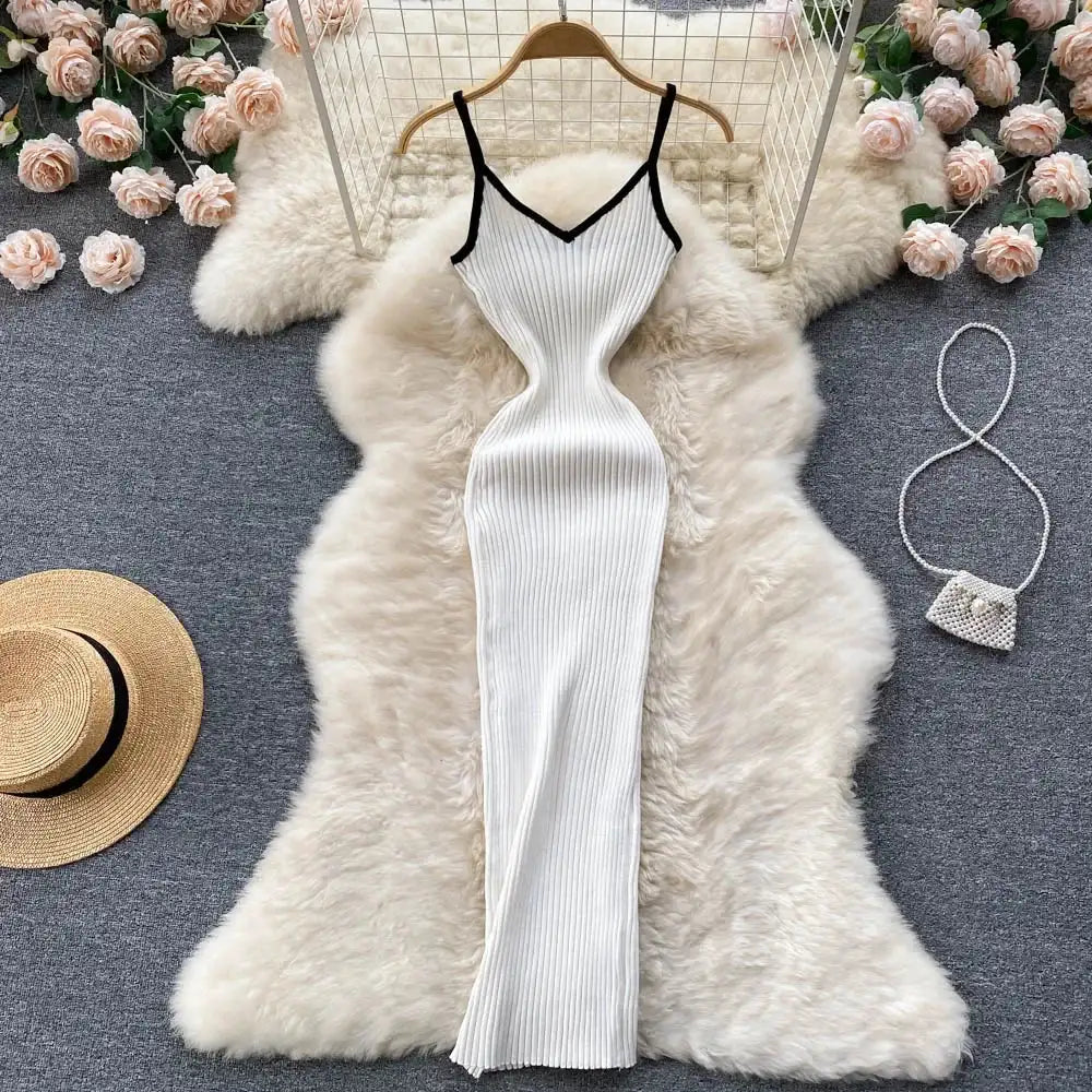 Summer V Neck Knit Sexy Strap Dress Women Elatic Waist Bodycon Sundress Female Beach Backless Maxi Long Dress - Lootquake