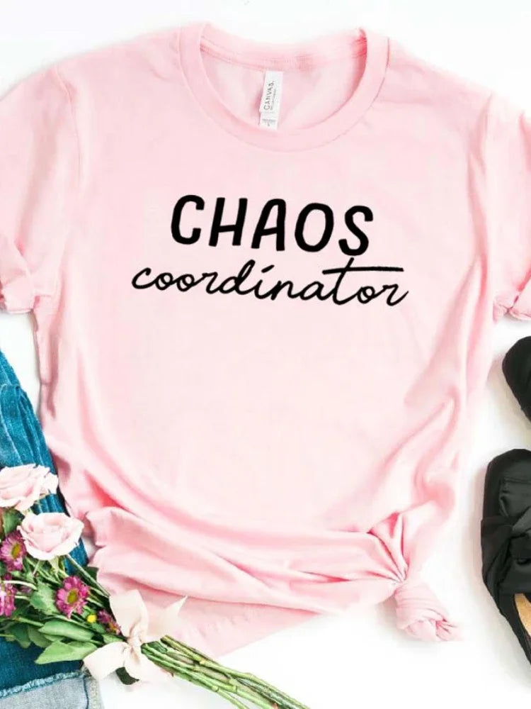 Women T Shirt Chaos Coordinator Letters Print Tshirt Women Short Sleeve O Neck Loose T-shirt Ladies Causal Tee Shirt Tops - Lootquake