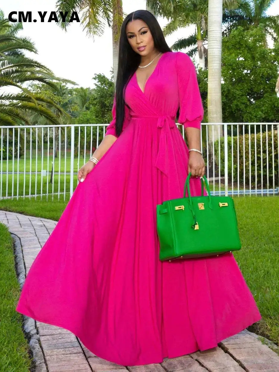 CM.YAYA Elegant Women Wraped V-neck Long Sleeve with Sashes Maxi Long Dress Chic INS Sexy Party Prom Big Swing Pink Dresses - Lootquake