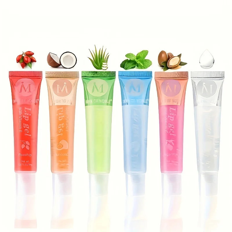 Lot de 6 rouges à lèvres hydratants aux fruits, transparents, à l'huile de rose musquée, à l'argan, à la menthe poivrée et à l'aloe vera, à la noix de coco, longue tenue